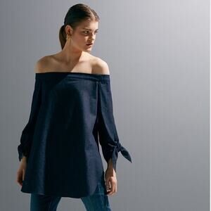 Tibi Blue Black Cotton Off The Shoulder Plaid Tie Sleeves Tunic 2